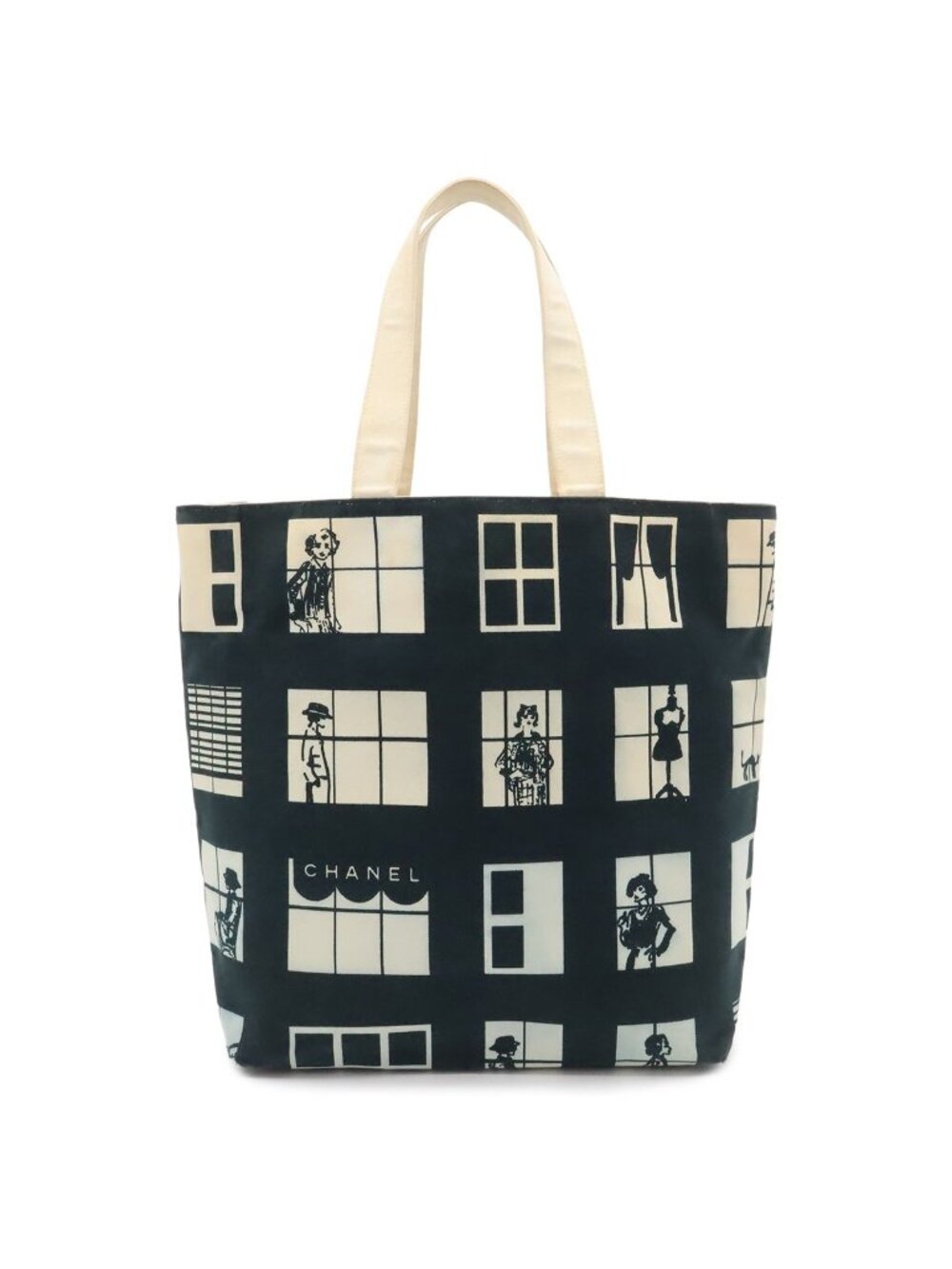 Chanel Windows Line Tote Large Shoulder Bag Canvas Black White